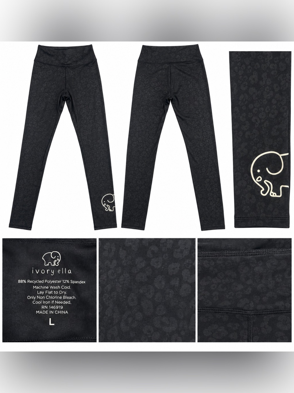Ivory Ella Black Leopard Print Leggings Elephant Logo Women’s L